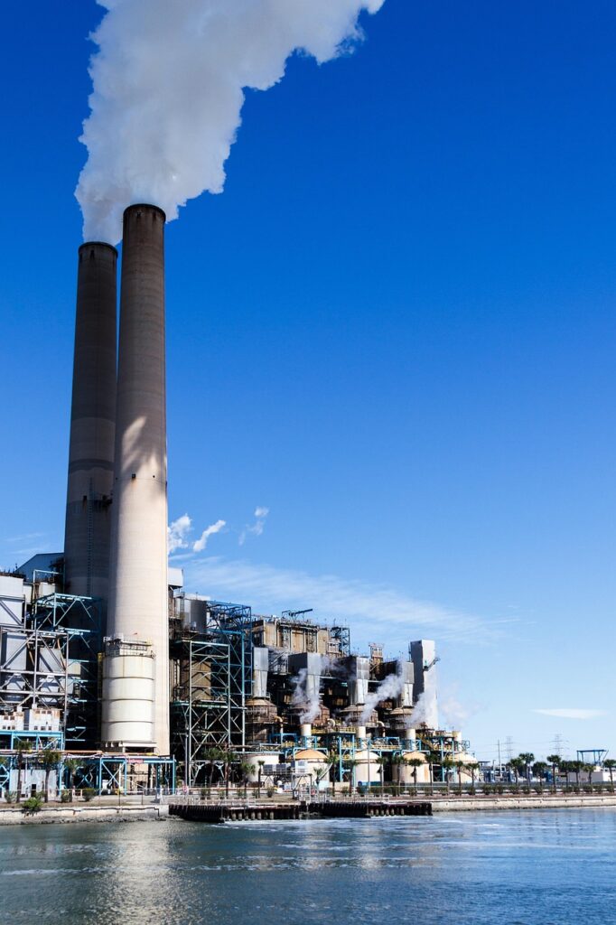 industry, power, energy, industrial, plant, factory, environment, pollution, pipes, chimneys, towers, buildings, structure, business, environmental, architecture, electricity, sky, water, nature, blue energy, blue power, blue pollution, blue industry